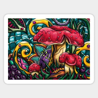 Whimsical mushrooms painting, bright cottagecore amanita muscaria art Magnet